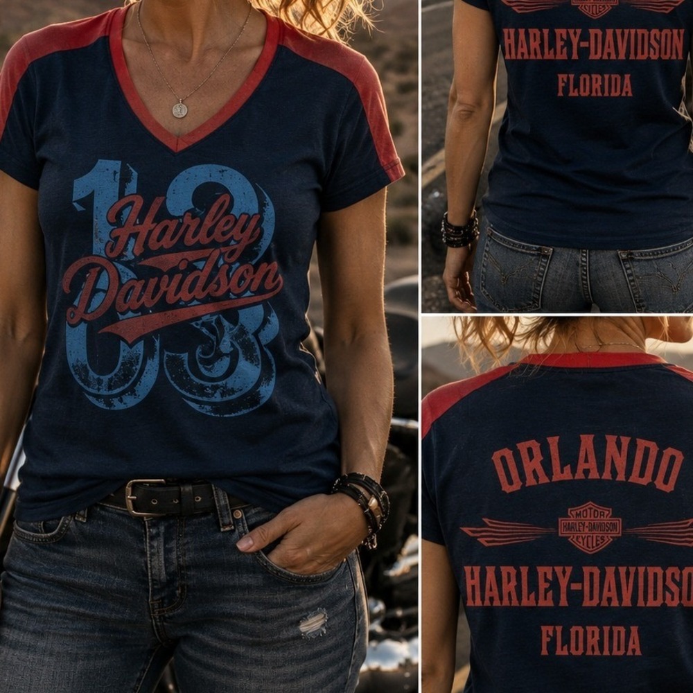 Harley-Davidson Orlando Florida Graphic V-Neck T-Shirt Navy Red Womens XS